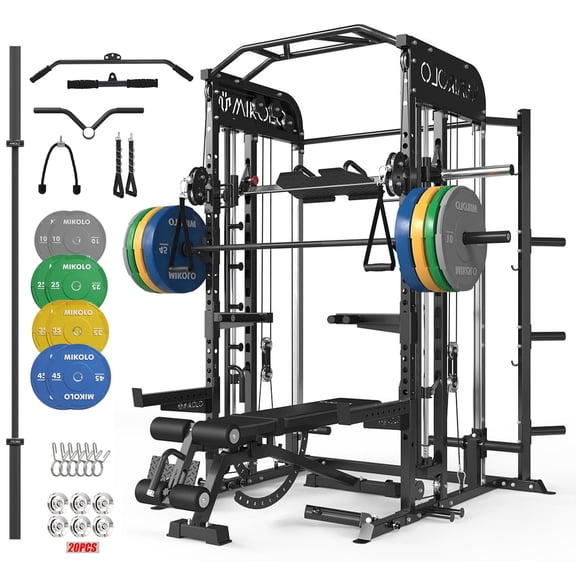 Mikolo All-in-One Power Rack with Smith Machine, Leg Press & Lat Pulldown, 2000LBS Squat Rack Cage for Home Gym, Includes Weight Bench, Barbell and 230LB Colorful Weight Plates
