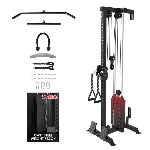 Mikolo Cable Crossover Machine, Lat Pull Down Machine with 210LBS Weight Stack, Wall Mounted Pulley Tower with 33 Positions Dual Pulley System, Lat Pulldown Cable Training Home Gym Fitness Equipment