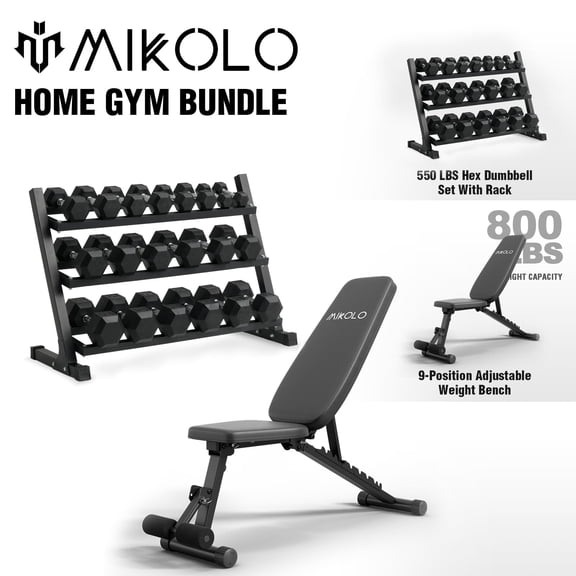 Mikolo Chest Press Attachment, Rubber Hex Dumbbell Set with Racks and FID Weighted Bench, Options in 550lbs