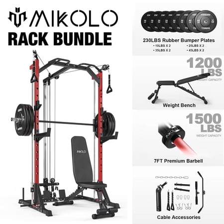 Mikolo Compact 7-IN-1 Smith Machine With Cable Crossover System, 1000LBS Multi-Functional Squat Rack, Workout Station with Smith Bar, Barbell, Weight Bench and 230LB Weight Plates