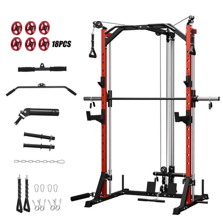Mikolo Compact 7-IN-1 Smith Machine With Cable Crossover System, 1000LBS Multi-Functional Squat Rack, Workout Station with Weight Bar, Bend Peg and 18 pcs aluminum pulleys