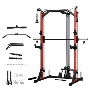 Mikolo Compact 7-IN-1 Smith Machine With Cable Crossover System, 1000LBS Multi-Functional Squat Rack, Workout Station with Weight Bar, Bend Peg and Other Functional Attachments