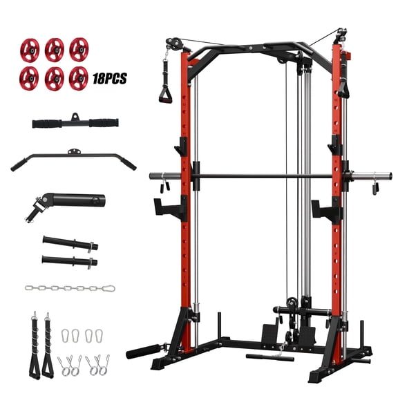 Mikolo Compact 7-IN-1 Smith Machine With Cable Crossover System, 1000LBS Multi-Functional Squat Rack, Workout Station with Weight Bar, Bend Peg and 18 pcs aluminum pulleys