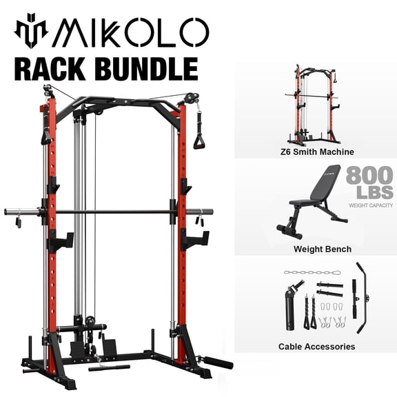 Mikolo Compact 7-IN-1 Smith Machine With Weight Bench, 1000LBS Multi-Functional Squat Rack With Fuctional Trainer, Workout Station with Weight Bar, Bend Peg and Other Functional Attachments