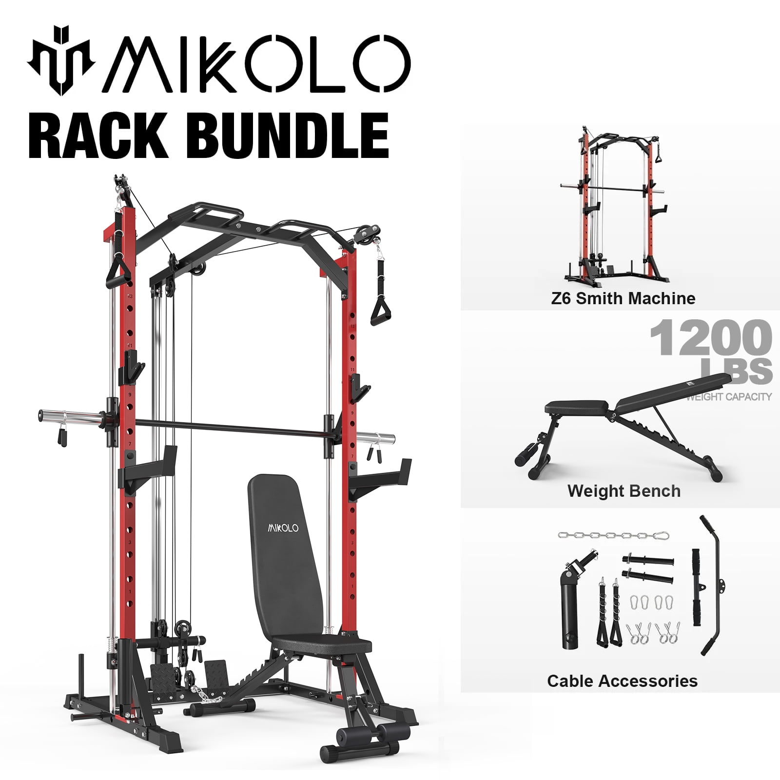 Mikolo Compact 7-IN-1 Smith Machine With Weight Bench, 1000LBS Multi-Functional Squat Rack With Fuctional Trainer, Workout Station with Weight Bar, Bend Peg and Weight Bench