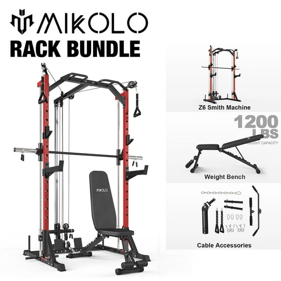 Mikolo Compact 7-IN-1 Smith Machine With Weight Bench, 1000LBS Multi-Functional Squat Rack With Fuctional Trainer, Workout Station with Weight Bar, Bend Peg and Weight Bench