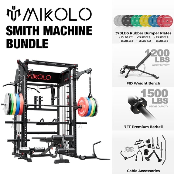 Mikolo Smith Machine Home Gym, All-in-One Power Rack with Smith Cage and Functional Trainer, Squat Rack with 2:1 Dual Pulley Cable System and Extended Forward Reach, Vertical Leg Press