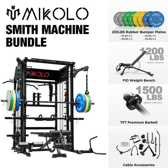 Mikolo Smith Machine Home Gym, All-in-One Power Rack with Smith Cage and Functional Trainer, Squat Rack with 2:1 Dual Pulley Cable System and Extended Forward Reach, Vertical Leg Press