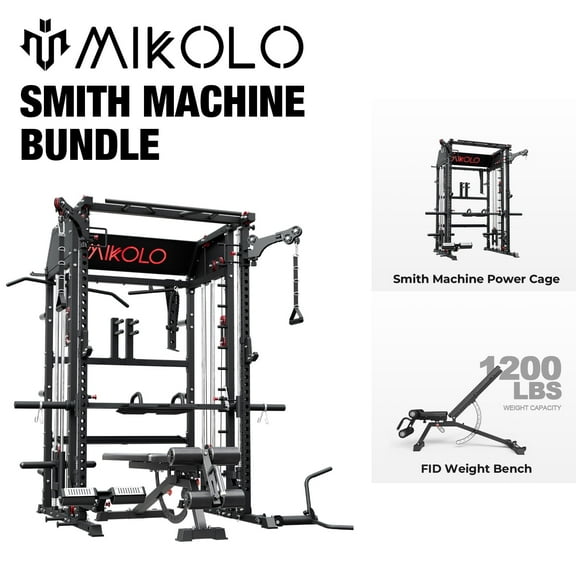 Mikolo Smith Machine Home Gym with FID Bench, All-in-One Power Rack with Smith Cage and Functional Trainer, Squat Rack with 2:1 Dual Pulley Cable System and Extended Forward Reach, Vertical Leg Press