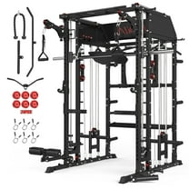 Mikolo Smith Machine Home Gym, All-in-One Power Rack with Smith Cage and Functional Trainer, Squat Rack with 2:1 Dual Pulley Cable System and Extended Forward Reach, Vertical Leg Press