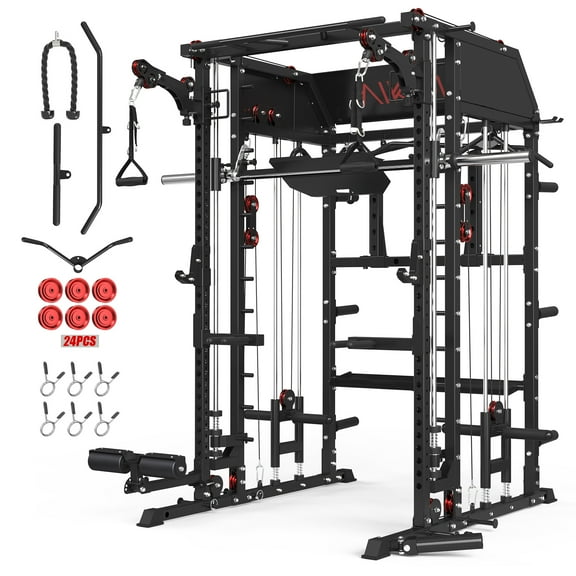 Mikolo Smith Machine Home Gym, All-in-One Power Rack with Smith Cage and Functional Trainer, Squat Rack with 2:1 Dual Pulley Cable System and Extended Forward Reach, Vertical Leg Press