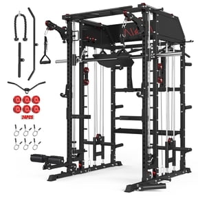 Mikolo Smith Machine Home Gym, All-in-One Power Rack with Smith Cage and Functional Trainer, Squat Rack with 2:1 Dual Pulley Cable System and Extended Forward Reach, Vertical Leg Press