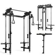Mikolo Foldable Power Rack Cage,1000lbs Capacity Wall Mounted Squat Rack, Independent pulley system with Wall Mounted Storage Rack , Space Saving Home Gym Equipment
