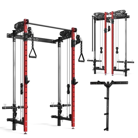 Mikolo Foldable Power Rack Cage,1000lbs Capacity Wall Mounted Squat Rack, Independent pulley system, Space Saving Home Gym Equipment