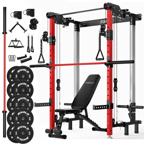 Mikolo Foldable Power Rack Cage,1000lbs Capacity Wall Mounted Squat Rack with 260lbs weight plates, Independent pulley system, Red