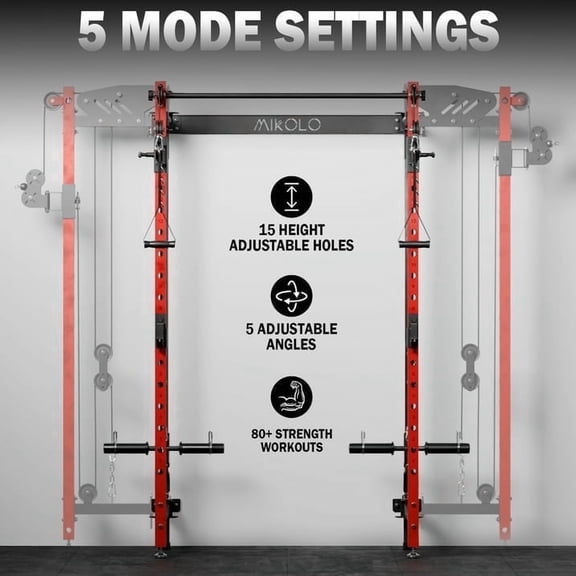 Mikolo Foldable Power Rack Cage,1000lbs Capacity Wall Mounted Squat Rack with 260lbs weight plates, Independent pulley system, Red