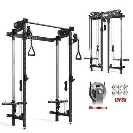 Mikolo Foldable Power Rack Cage,1000lbs Capacity Wall Mounted Squat Rack, Independent pulley system with Weight Bench, Black
