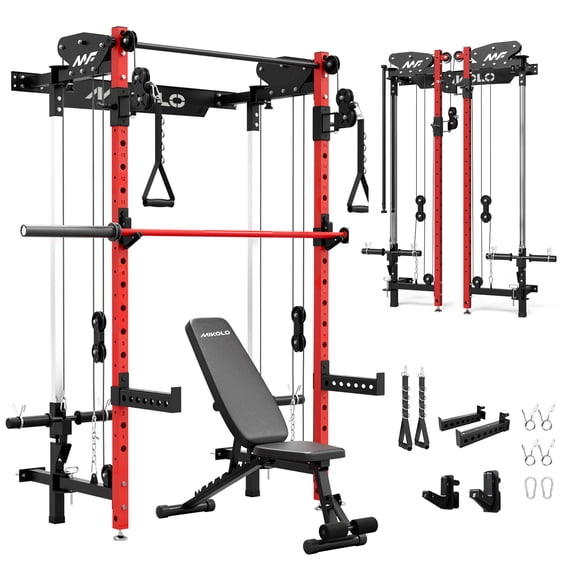 Mikolo Foldable Power Rack Cage,1000lbs Capacity Wall Mounted Squat Rack with independent pulley system, Space Saving Home Gym Equipment with 5 Adjustable Angle