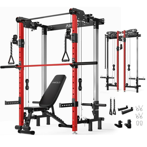 Mikolo Foldable Power Rack Cage,1000lbs Capacity Wall Mounted Squat Rack with independent pulley system, Space Saving Home Gym Equipment with 5 Adjustable Angle