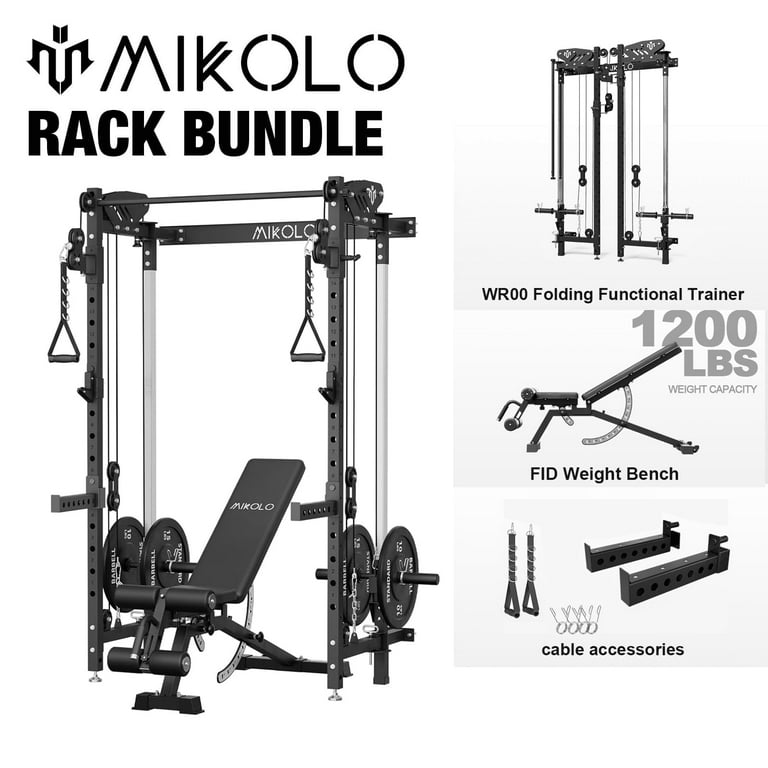 Mikolo Foldable Squat Rack, Wall Mounted Power Rack with Cable