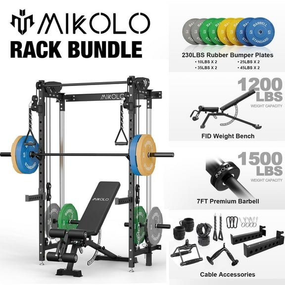 Mikolo Foldable Squat Rack, Wall Mounted Power Rack with Cable Crossover Machine & LAT Pull Down Machines, Functional Trainer with 5 Adjustable Function Modes, for Home Gym and Space Saving