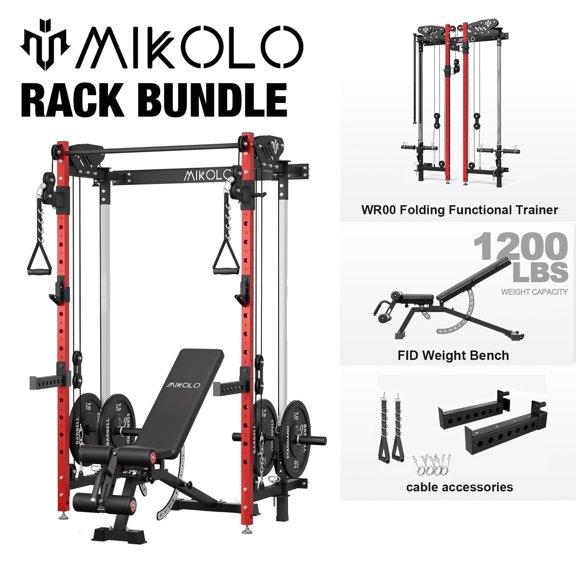 Mikolo Foldable Squat Rack With Adjustable Weight Bench, Wall Mounted Power Rack with Functional Trainer& LAT Pull Down Machines, with 5 Adjustable Function Modes, for Home Gym and Space Saving