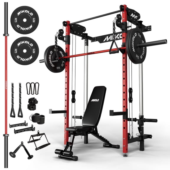 Mikolo Foldable Squat Rack, Wall Mounted Power Rack with Cable Crossover Machine & LAT Pull Down Machines, Functional Trainer with 5 Adjustable Function Modes, for Home Gym and Space Saving