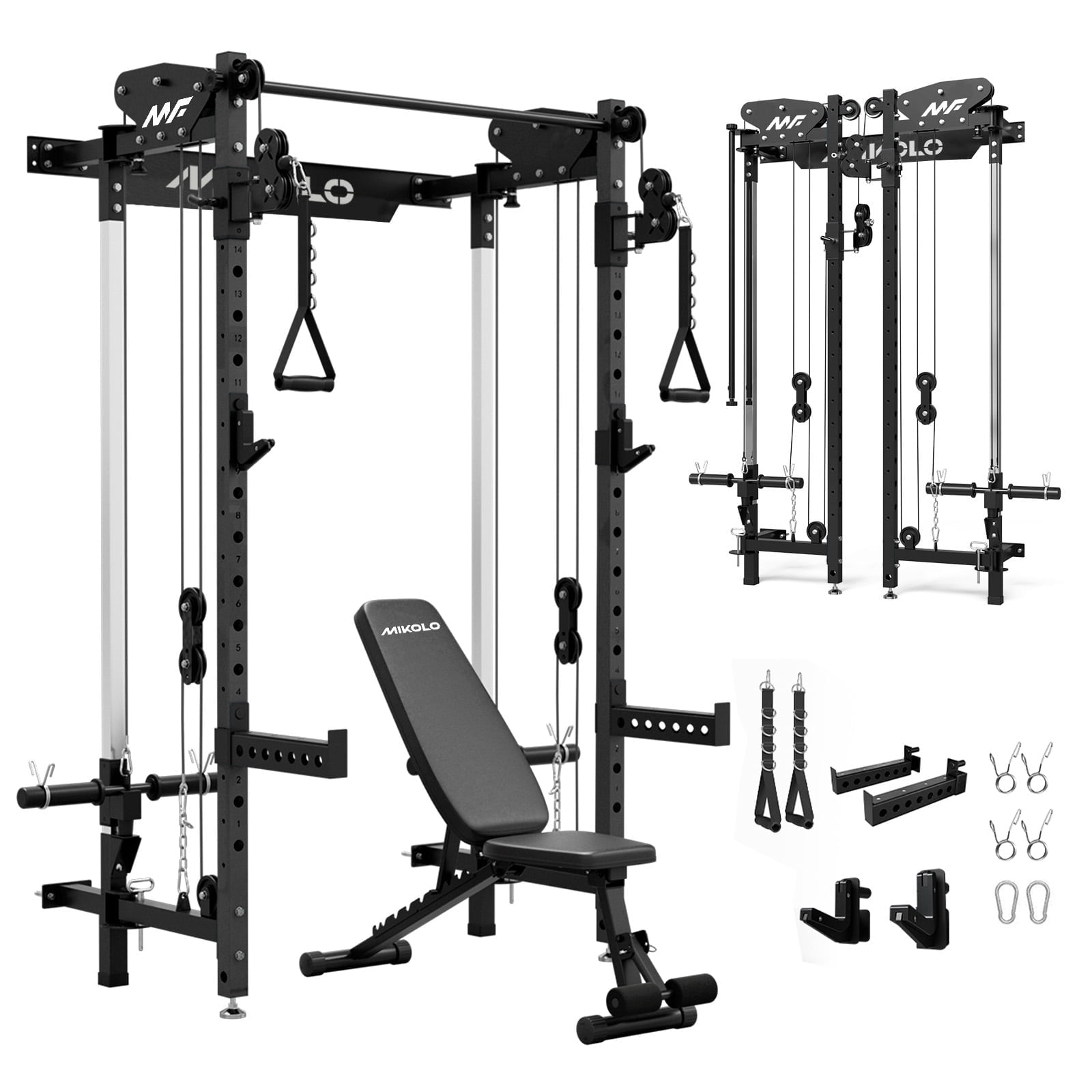 Mikolo Foldable Squat Rack, Wall Mounted Power Rack with Cable Crossover Machine & LAT Pull Down Machines, Functional Trainer with 5 Adjustable Function Modes, for Home Gym and Space Saving
