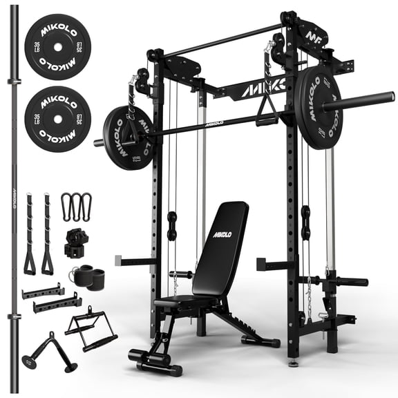 Mikolo Foldable Squat Rack, Wall Mounted Power Rack with Cable Crossover Machine & LAT Pull Down Machines, Functional Trainer with 5 Adjustable Function Modes, for Home Gym and Space Saving