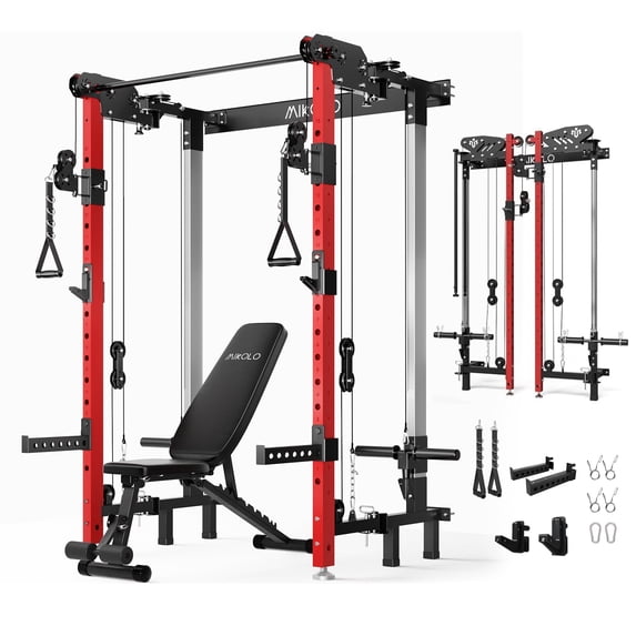 Mikolo Foldable Squat Rack With Adjustable Weight Bench, Wall Mounted Power Rack with Functional Trainer& LAT Pull Down Machines, with 5 Adjustable Function Modes, for Home Gym and Space Saving