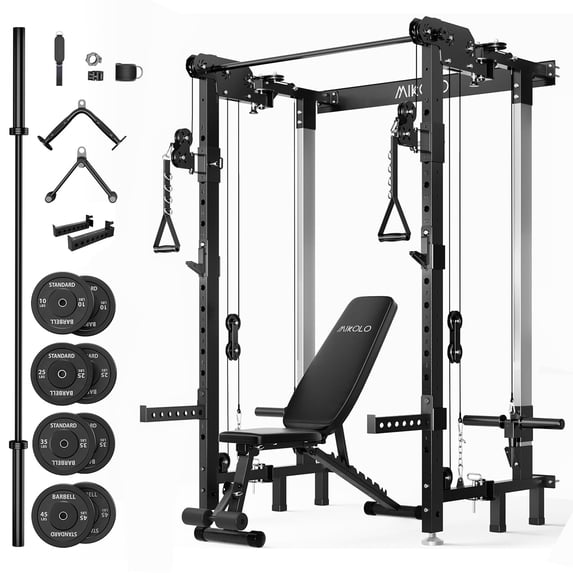 Mikolo Foldable Squat Rack,Wall Mounted Power Rack with Cable Crossover Machine & LAT Pull Down Machines,Functional Trainer with 5 Adjustable Function Modes,for Home Gym and Space Saving