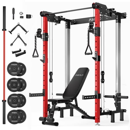 Mikolo Foldable Squat Rack,Wall Mounted Power Rack with Cable Crossover Machine & LAT Pull Down Machines,Functional Trainer with 5 Adjustable Function Modes,for Home Gym and Space Saving