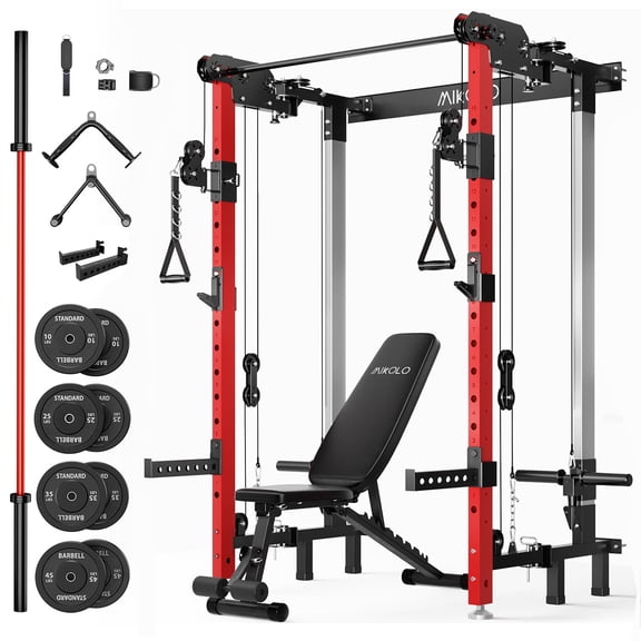 Mikolo Foldable Squat Rack,Wall Mounted Power Rack with Cable Crossover Machine & LAT Pull Down Machines,Functional Trainer with 5 Adjustable Function Modes,for Home Gym and Space Saving