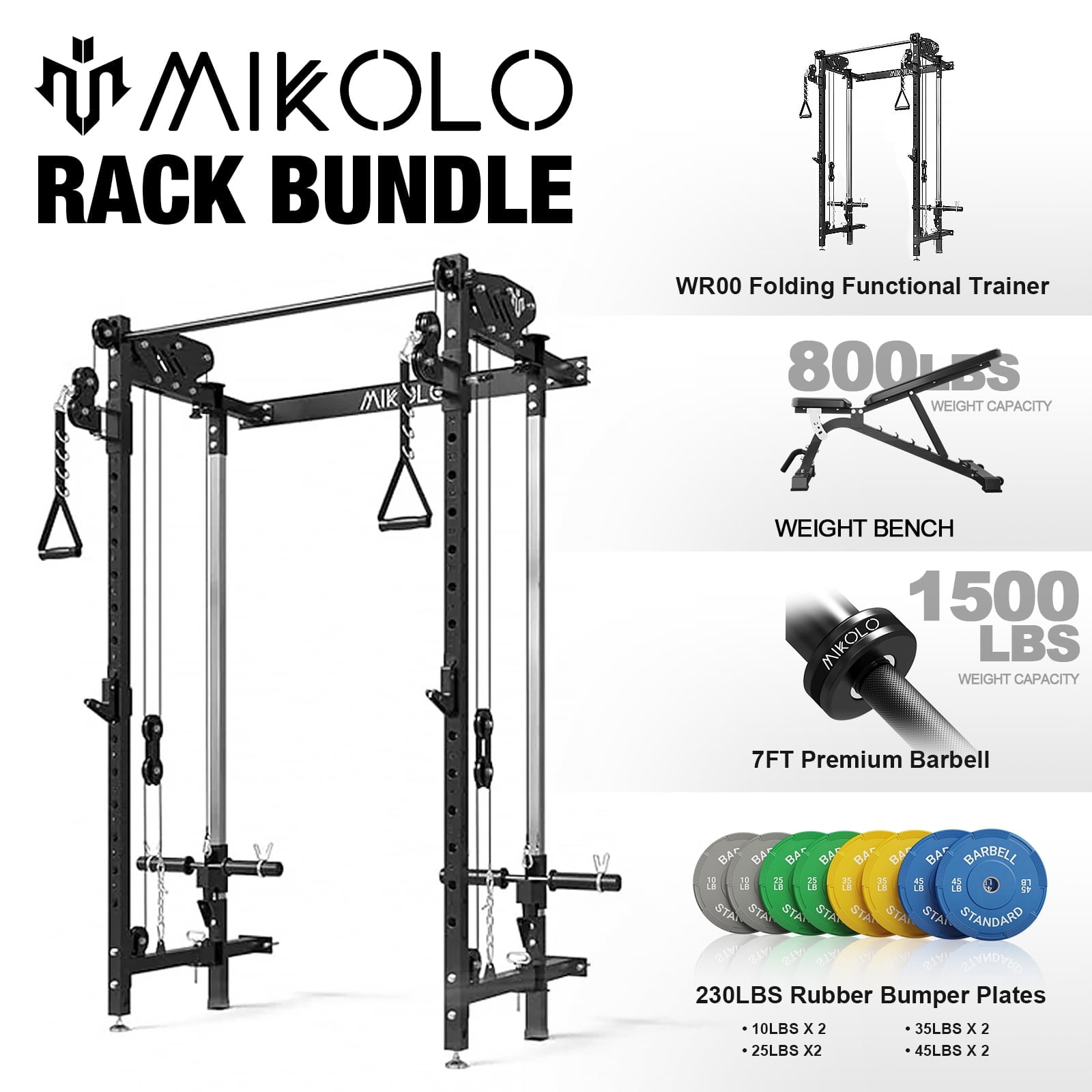 Mikolo Folding Squat Rack, Wall Mounted Power Rack with Cable