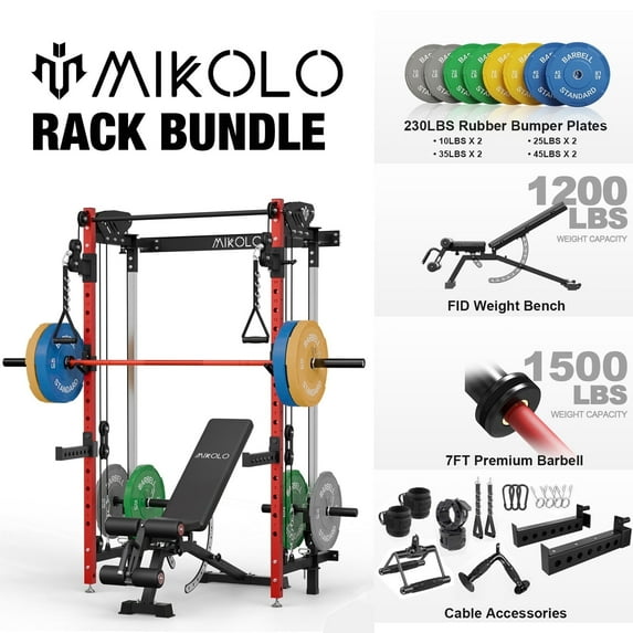 Mikolo Functional Trainer Folding Squat Rack Wall-Mounted Power Rack Cable Crossover Machine LAT Pull Down Machines 5 Adjustable Function Modes