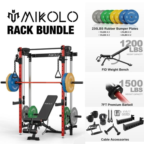 Mikolo Functional Trainer Folding Squat Rack Wall-Mounted Power Rack Cable Crossover Machine LAT Pull Down Machines 5 Adjustable Function Modes