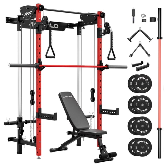 Mikolo Functional Trainer Folding Squat Rack Wall-Mounted Power Rack Cable Crossover Machine LAT Pull Down Machines 5 Adjustable Function Modes