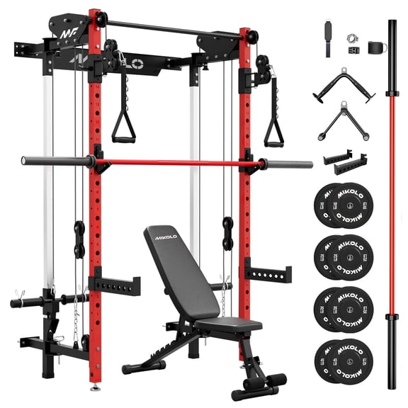 Mikolo Functional Trainer Folding Squat Rack Wall-Mounted Power Rack Cable Crossover Machine LAT Pull Down Machines 5 Adjustable Function Modes