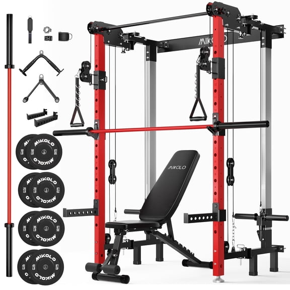 Mikolo Functional Trainer Folding Squat Rack Wall-Mounted Power Rack Cable Crossover Machine LAT Pull Down Machines 5 Adjustable Function Modes