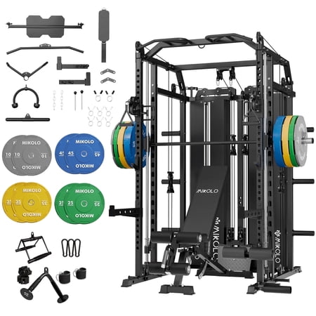Mikolo Functional Trainer & Smith Machine, 2×2"Uprights (33 Holes), Dual 128LBS Weight Stack, Centralized Resistance Lat & Row System
