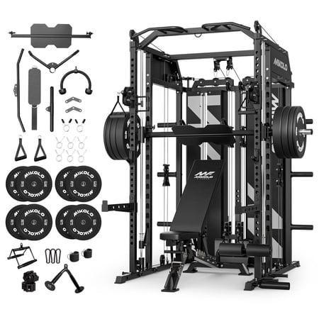 Mikolo HORUS Smith Machine Home Gym, Functional Trainer with 230LBS Plates, 2×2"Uprights (33 Holes), Dual 128LBS Weight Stack, Centralized Resistance Lat & Row System