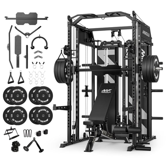 Mikolo HORUS Smith Machine Home Gym, Functional Trainer with 230LBS Plates, 2×2"Uprights (33 Holes), Dual 128LBS Weight Stack, Centralized Resistance Lat & Row System