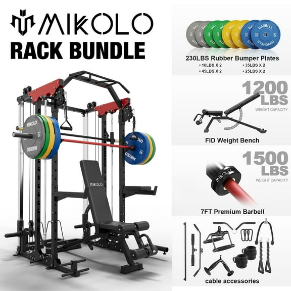 Mikolo Smith Machine with 230LBS Weight Plates & Weight Bench & Barbell, 2000LBS Power Cage Squat Rack with Smith Bar, Two LAT Pull-Down Systems, for Home Gym