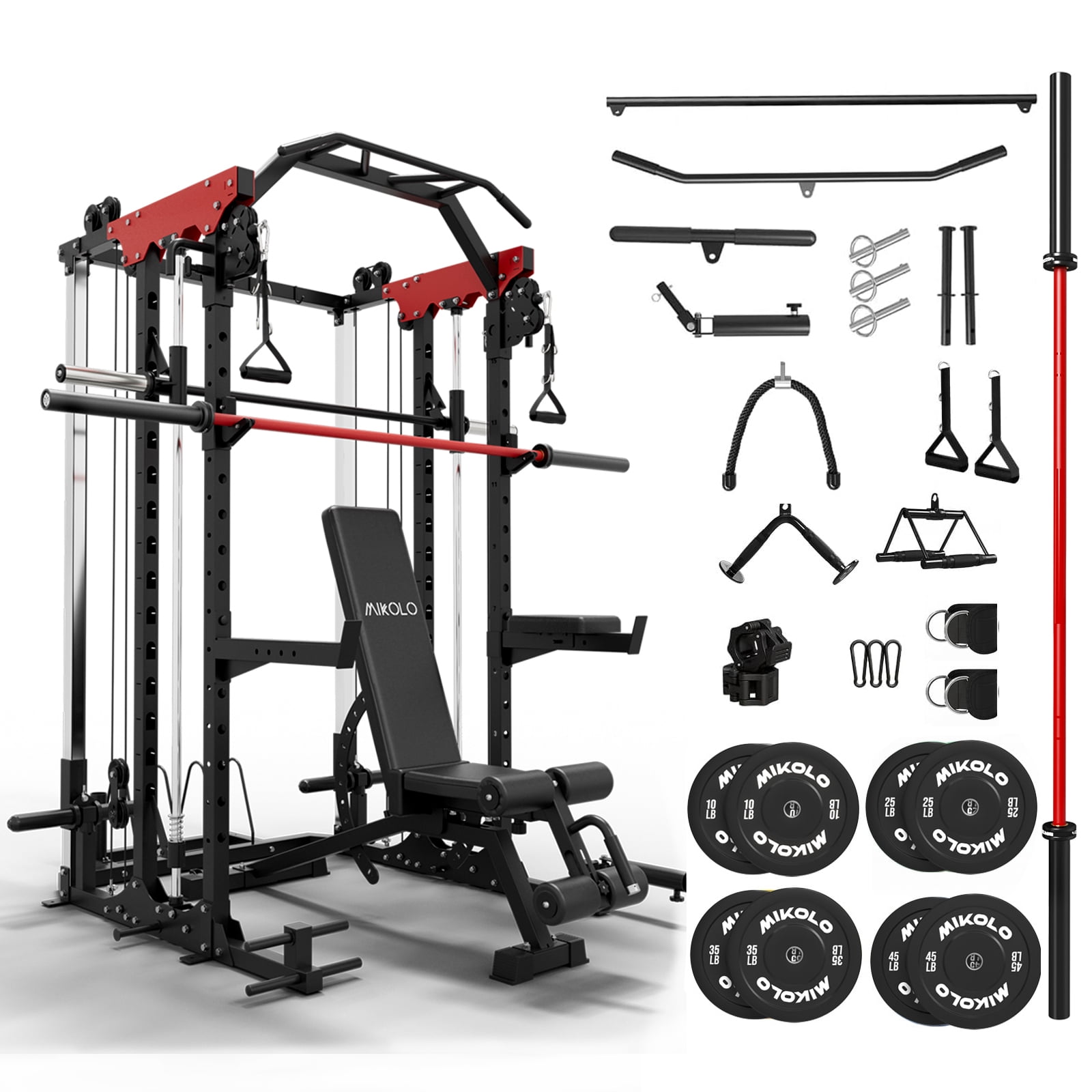 Mikolo Smith Machine with 230LBS Weight Plates & Weight Bench & Barbell, 2000LBS Power Cage Squat Rack with Smith Bar, Two LAT Pull-Down Systems, for Home Gym
