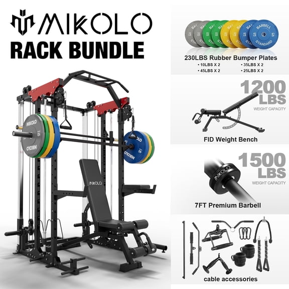 Mikolo Smith Machine with 230LBS Weight Plates & Weight Bench & Barbell, 2000LBS Power Cage Squat Rack with Smith Bar, Two LAT Pull-Down Systems, for Home Gym