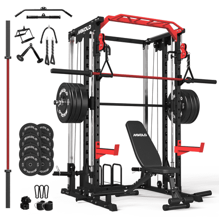 Mikolo Smith Machine Home Gym Package, 2000LBS Power Cage Squat Rack with 230LBS Plates and Barbell, Two LAT Pull-Down Systems, Cable Crossover Machine and and More Cable Attachment for Home Gym