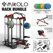 Mikolo Smith Machine with 230LBS Weight Plates & Weight Bench & Barbell, 2000LBS Power Cage Squat Rack with Smith Bar, Two LAT Pull-Down Systems, for Home Gym