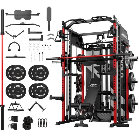 Mikolo Horus Smith Machine & Functional Trainer, 2×2"Uprights (33 Holes), Dual 128LBS Weight Stack, Dual High/Low Cables, Full Body Workout Home Gym