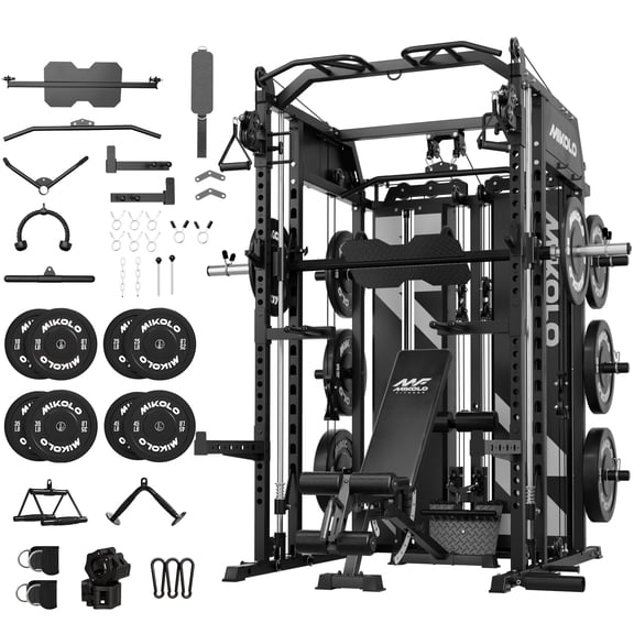 Mikolo Horus Smith Machine & Functional Trainer, 2200LBS Squat Rack with Cable Crossover, 2×2"Uprights (33 Holes), Dual 128LBS Weight Stack, Dual High/Low Cables