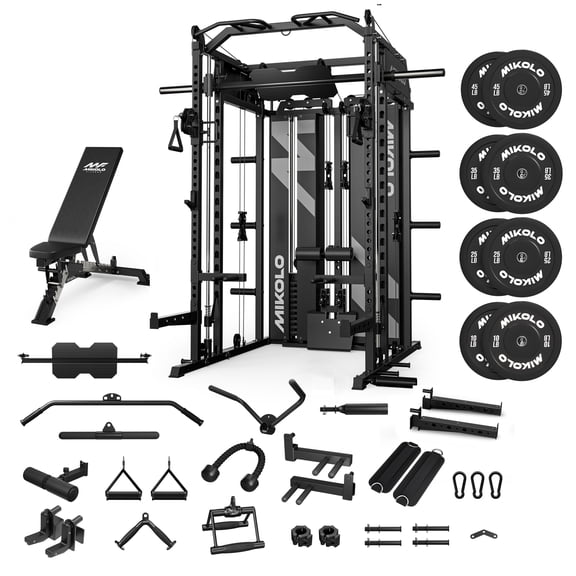 Mikolo Horus Smith Machine & Functional Trainer, 2200LBS Squat Rack with Cable Crossover, 2×2"Uprights (33 Holes), Dual 128LBS Weight Stack, Dual High/Low Cables